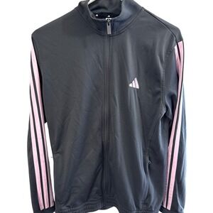 Adidas Womens Track Jacket Gray Pink 3-Stripe Full Zip Mock Neck Large RN88387